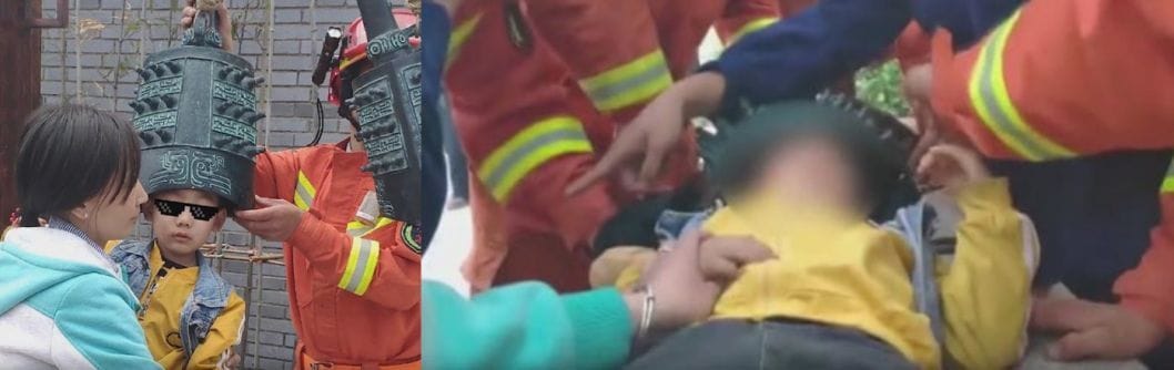 В Китае мальчик надел колокол вместо шапки и застрял - рис. 1