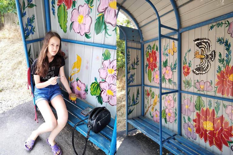 Цветы, бабочки и птицы: на Днепропетровщине девочка превратила остановку в артобъект - рис. 2
