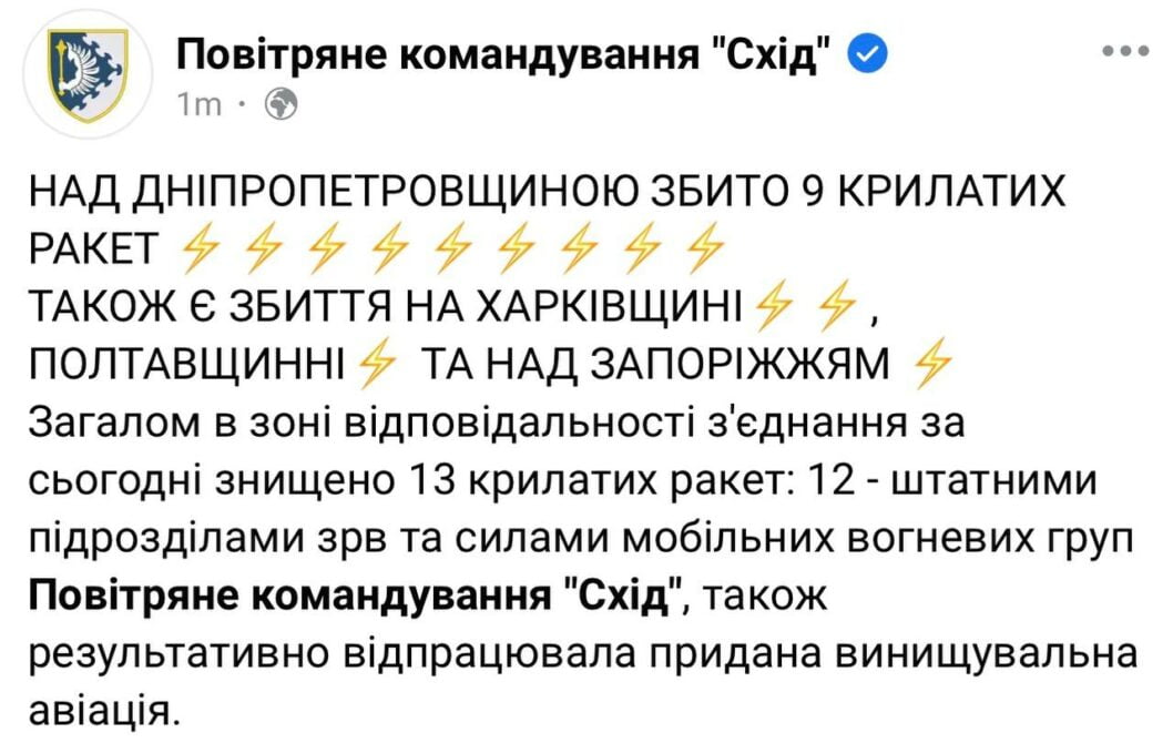 Під час масованої атаки окупантів сили ППО збили 9 ракет у небі над Дніпропетровщиною - рис. 1