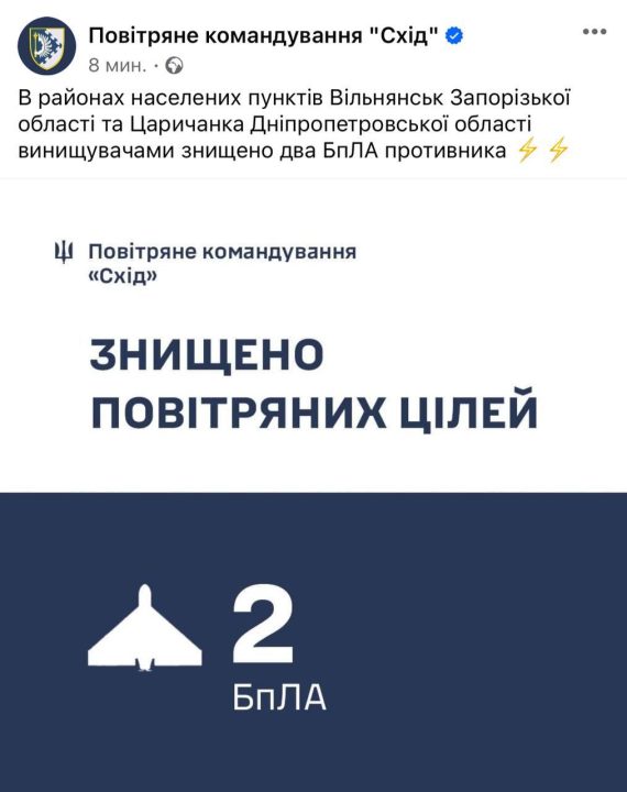 Надвечір сили ППО збили ворожі безпілотники у небі над Дніпропетровщиною - рис. 1