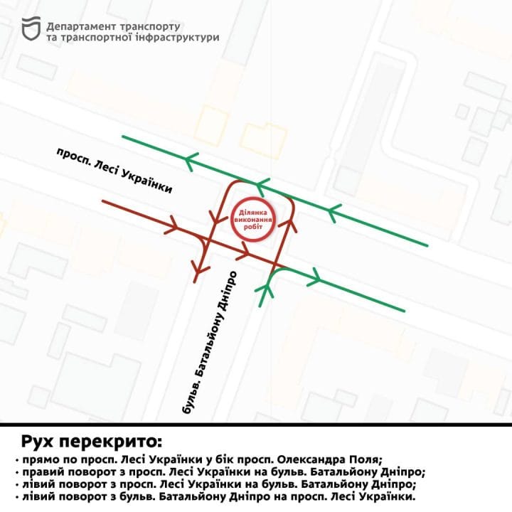 У Дніпрі перекрито рух на перетині проспекту Лесі Українки та бульвару Батальйону Дніпро
